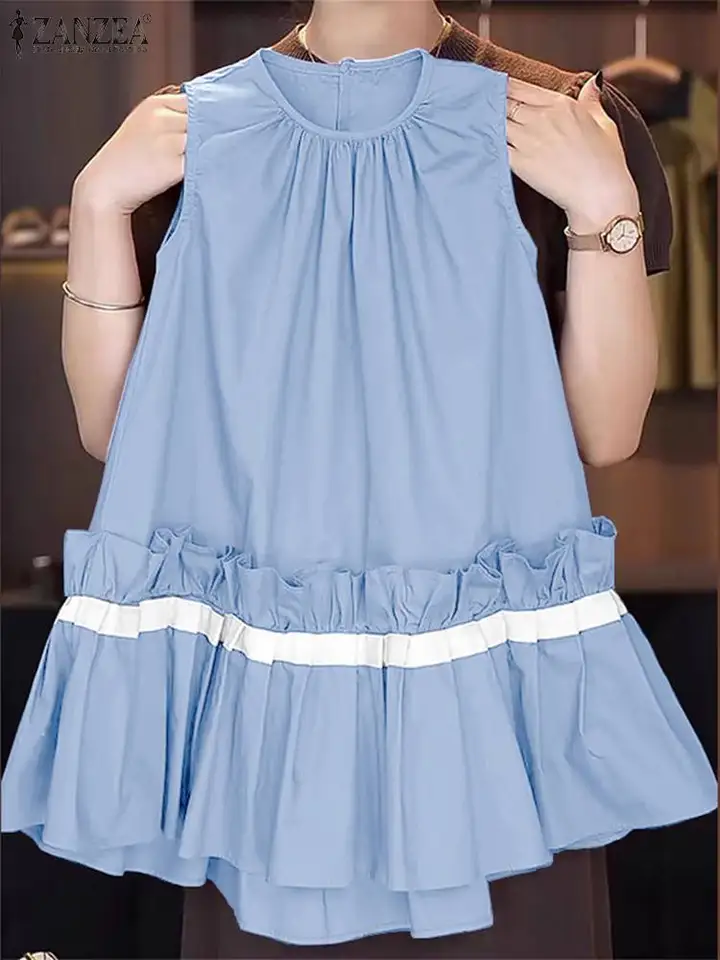 Zanzea Ženy Solid Mini šaty módne ruffované šitiecie výlievky Vestidos 2024 letné rukávové plášť bez rukávov Casy O-Neck Sundress Sundress