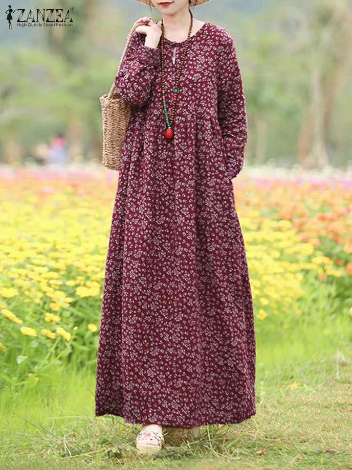 Zanzeabohemian dovolenky Sundress Sundress Floral tlačené maxi dlhé šaty Ženy letný o krk dlhé rukávy šaty vintage rúž Vestidos