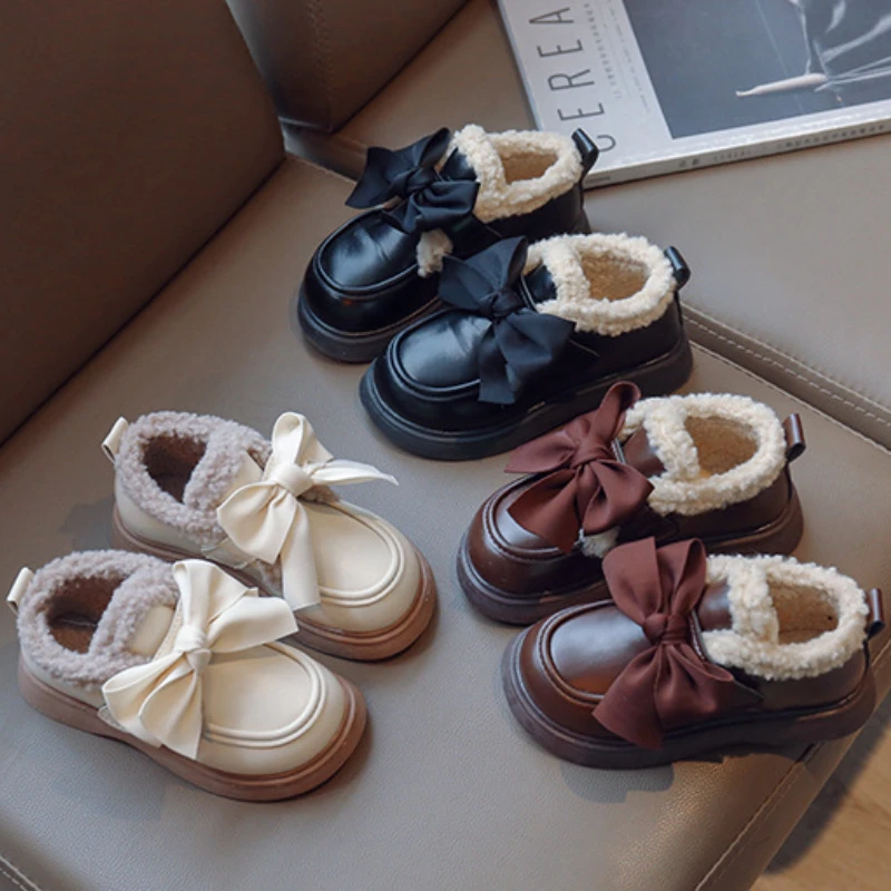 Zapatos Niña Kid Shoe Jeseň Girl Girl Plush Kožená topánka Kórejská edícia Kid Bow Cotton Thope Warm Out Shoe Fashion Mary Jane Shoe Shoe