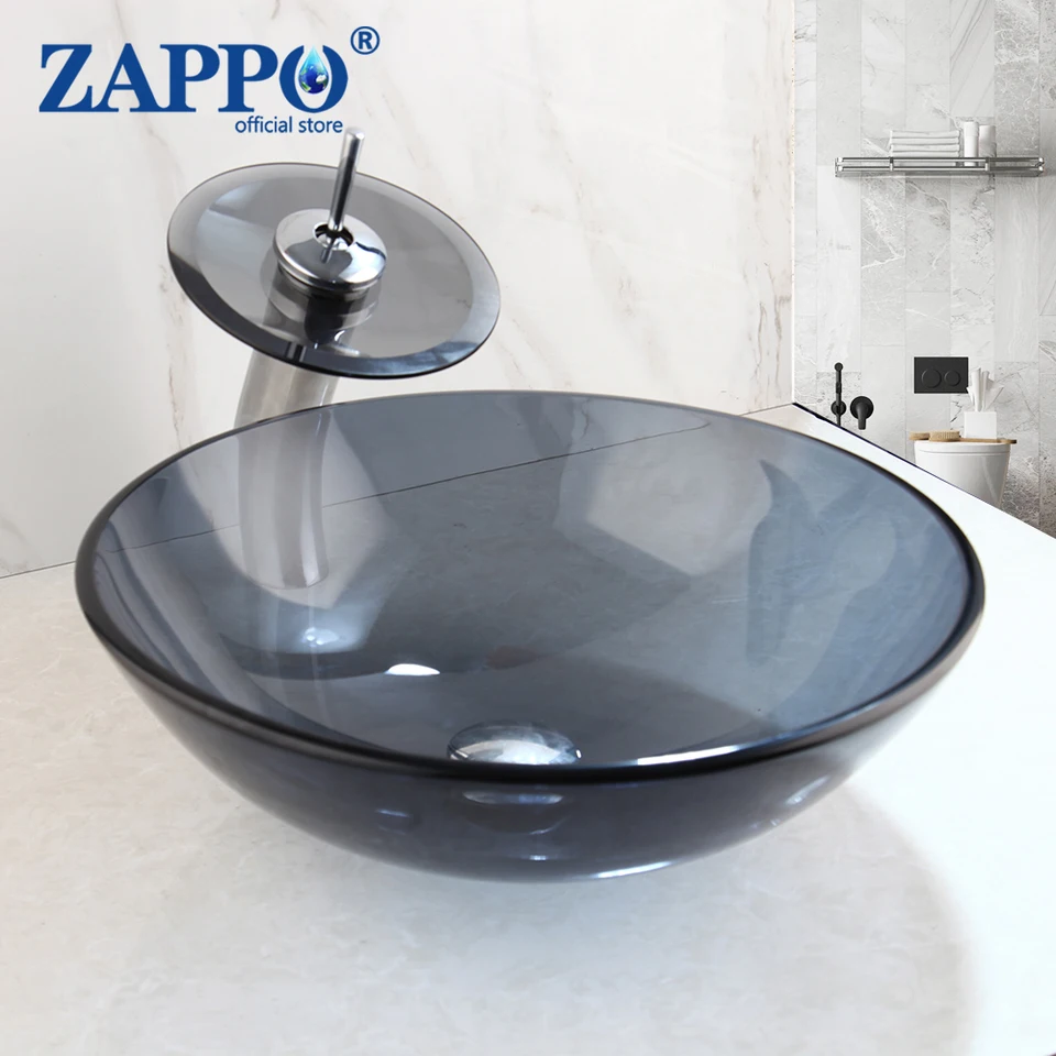 Zappo šedá kúpeľňová nádoba umývadlo Round Glass Wesel Winks s vodopádom Faucet Tap Combotempered Glass Wesel Wink misa