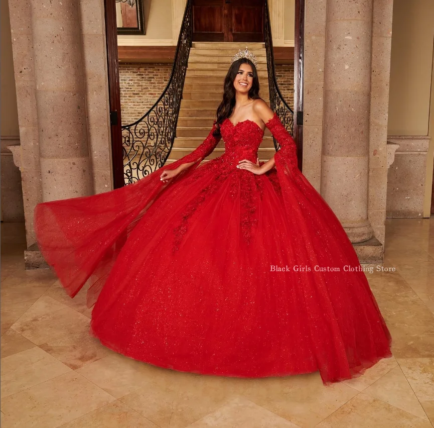Zasnená červená princezná quinceanera šaty, miláčik, puzdro Tulle kvetinová výšivka odnímateľná víla s dlhým rukávom فساتين nova