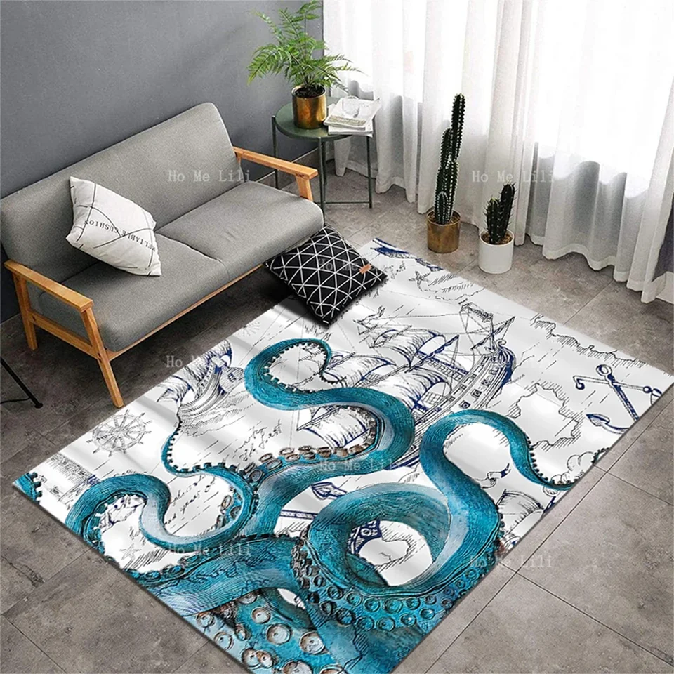 Zaujímavý vzor chobotnice Sea Monster. Non -šmykľavka flanelová podlahová koberce
