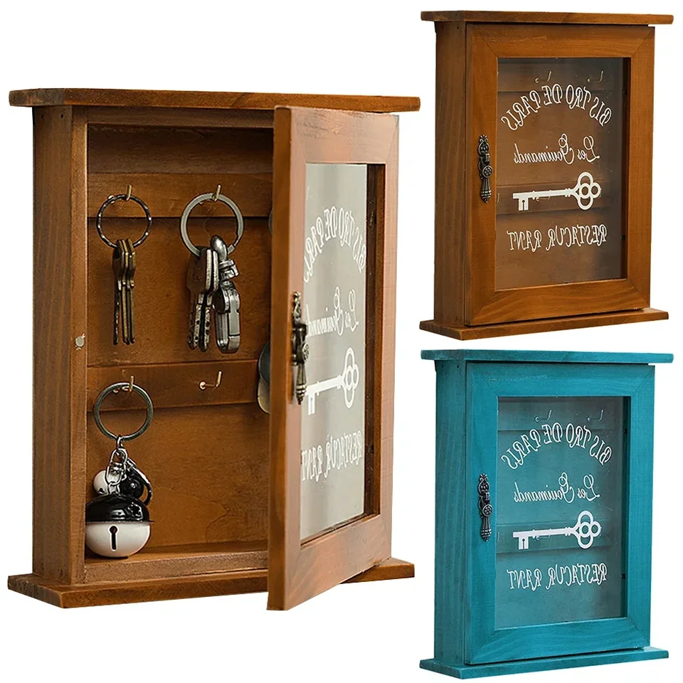 Zavesenie na stene vintage drevené kľúče úložné boxy Houcheeper blue hnedá skrinka kľúča stojan s hák