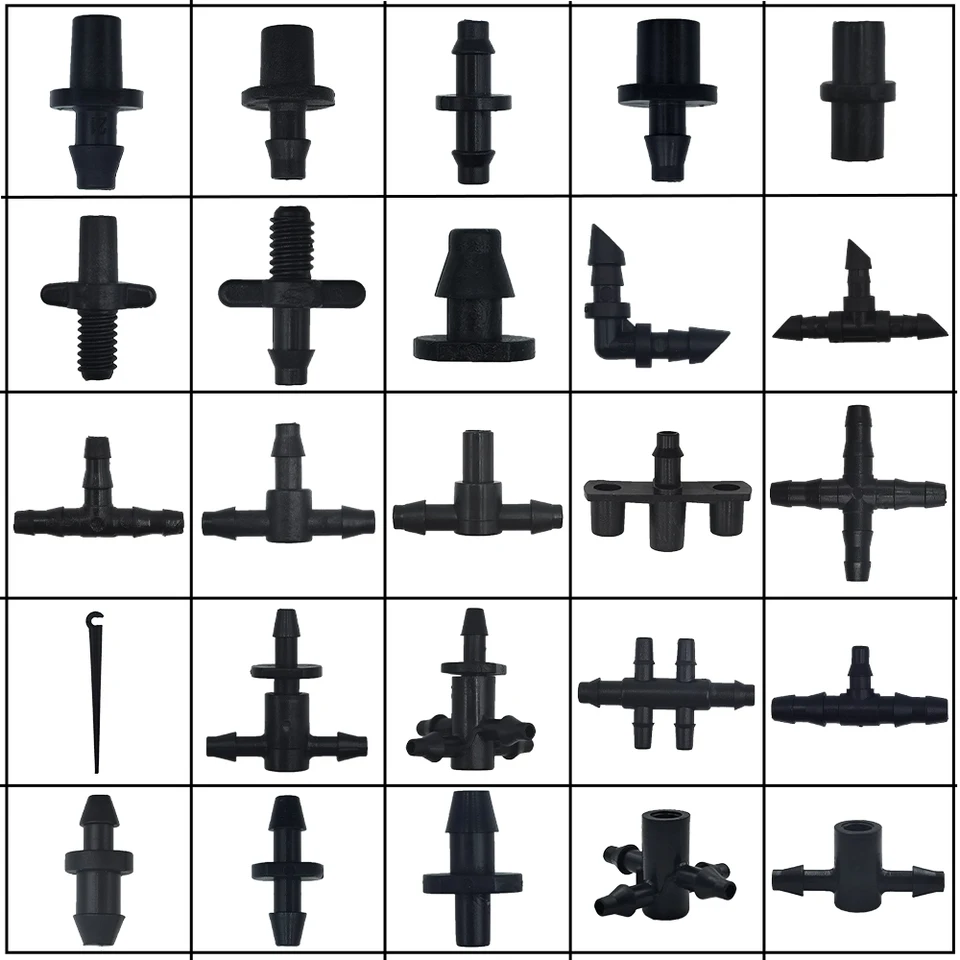 Zavlažovanie kvapkania záhradnej vody pre 1/4 '' a 1/8 '' Hadičky Hadičky Kĺb Barbed Tees Cross Eng Plug Adapters