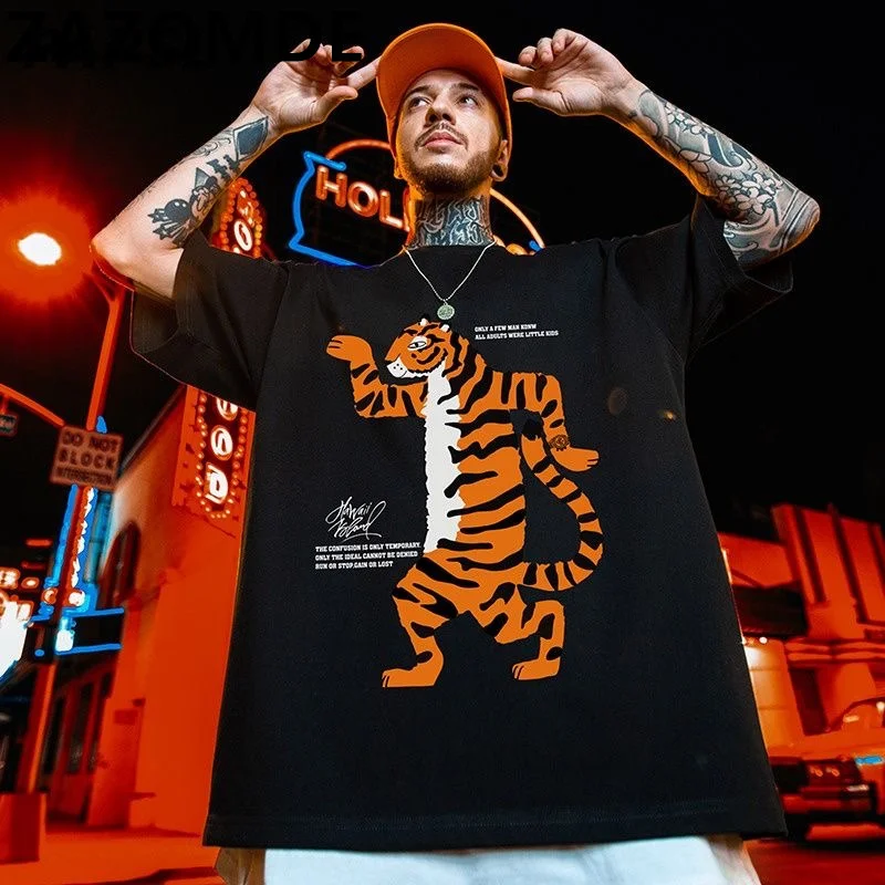 Zazomde letné muži Tee Kórejský módny retro voľný list karikatúra tiger s krátkym rukávom s košeľou s nadmerne veľkým vrcholom Unisex Tees
