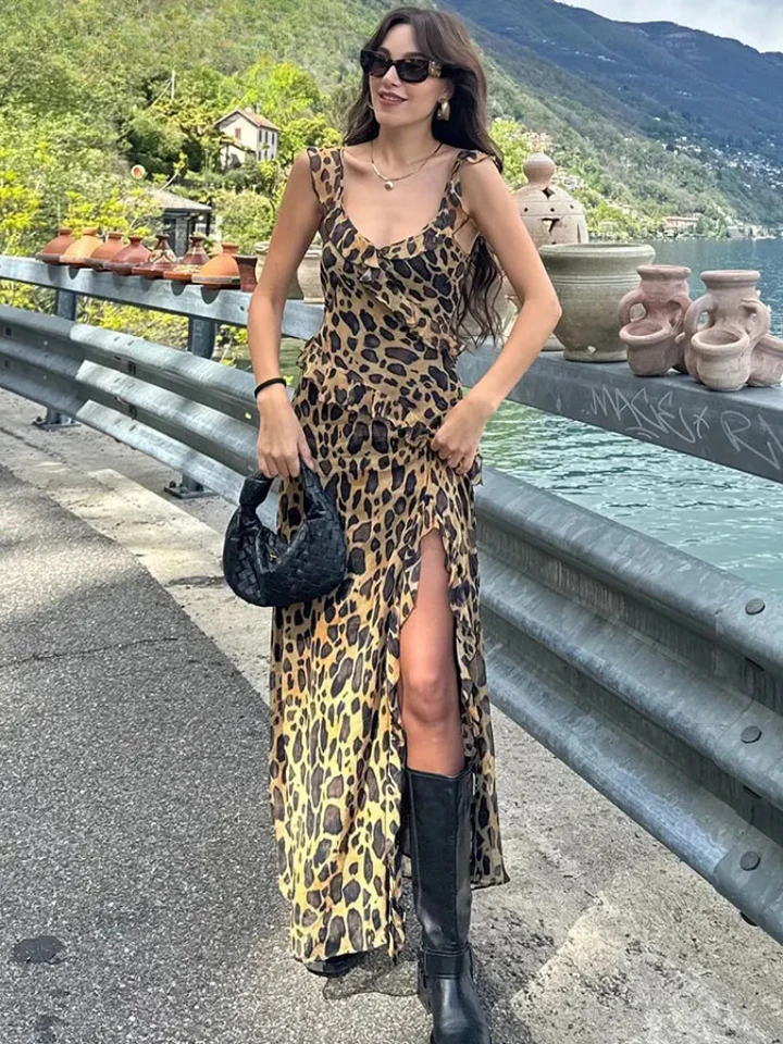 ZBZA Dámske vyvrcholené leopardové tlačové šaty V-krk špagety špagety popperky s vysokým pásom štrbinované Camisole A-line sukňa nové elegantné šaty