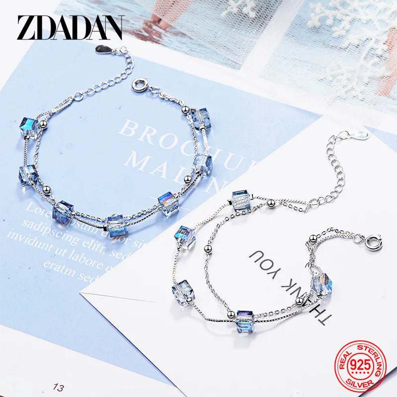 Zdadan 925 Sterling Silver Square Rainbow Crystal Crakelet for Women Fashion Darček Svadobné šperky