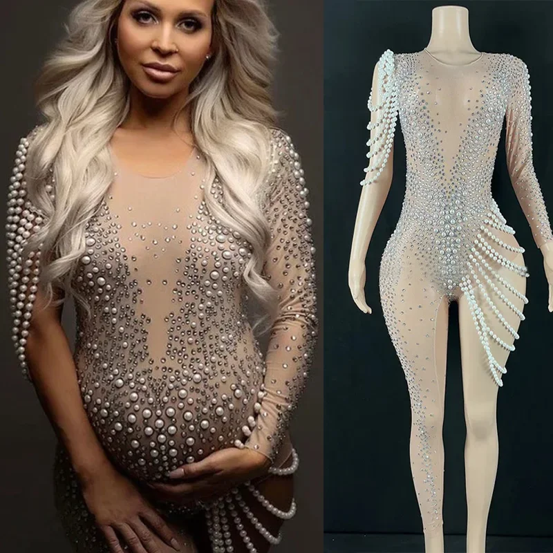 Zdobené materské kombinézy na tehotenstvo Photoshoot luxusný klub očarujúce sexy korálky dámske perlové kameni