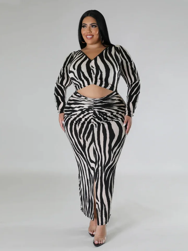 Zebra vytlačená obojstranné šaty plus veľkosť Bodycon Dutlow Out s dlhým rukávom Hip Cocktail Party Club Midi Outfits for Women