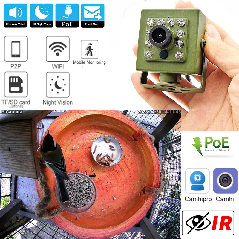 Zelená 940nm IR Poe IP Bird Nest Feeder Camera Audio 5MP 1080p IR Cut Night Vision RTSP FTP Mini Bird Box Cam Indoor
