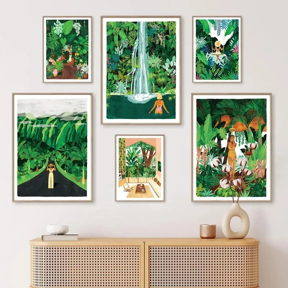 Zelená botanická veranda letná sprcha vodopád nástenná múčka maľba maľba Nordic Poster tlač pre obývaciu izbu dekor