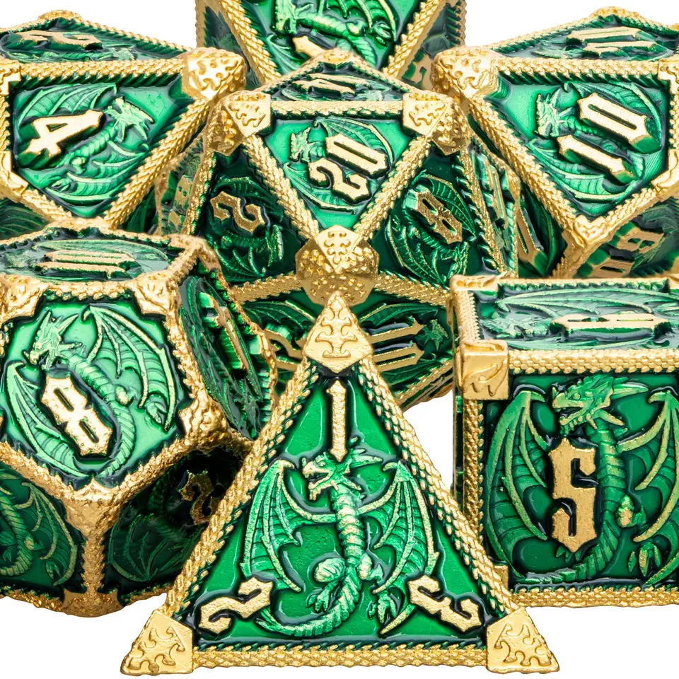 Zelená D+D Kovová polyhedrálna DND Dragon DICE pre Dungeon a Dragon Pathfinder Roly Hra hra D20 D12 D10 D8 D8 D6 D4 DICE SET