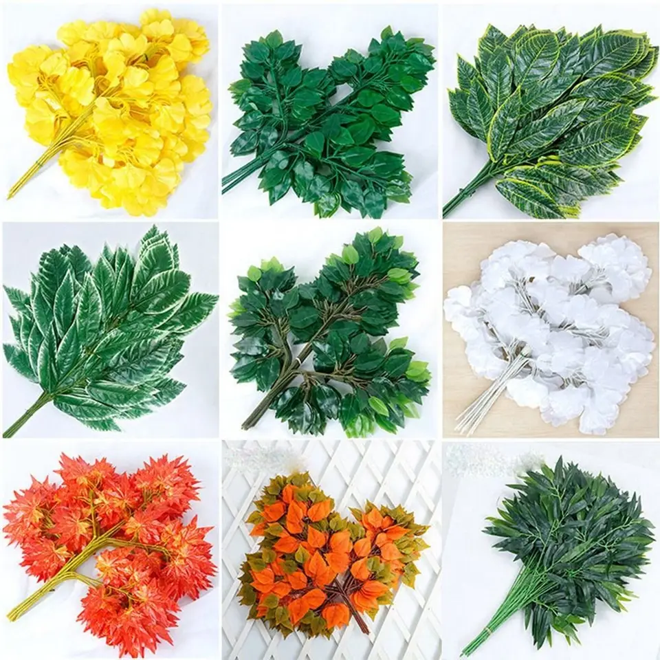 Zelená farba simulovaná ginkgo biloba nové 10styles falošné listy hodvábne kvetinové listy dekorácia umelé kvety plastové vetvy