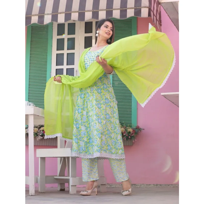 Zelená farba tlačená kurti nohavice set žien salwar kameez oblek ženy kulazzo