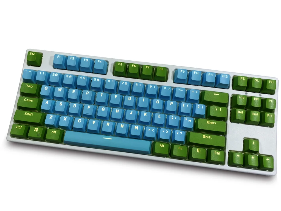 Zelená modrá 87 kľúča, PBT Material OEM Výška mechanická klávesnica Keycaps, dvojité podsvietené znaky, priehľadné kľúče hier