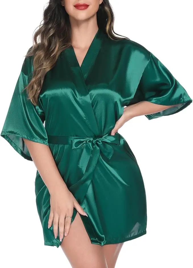 Zelená nočná košeľa pevná farba Kimono Lady Elegantná župan saténové domáce oblečenie Svadobný svadobný dar