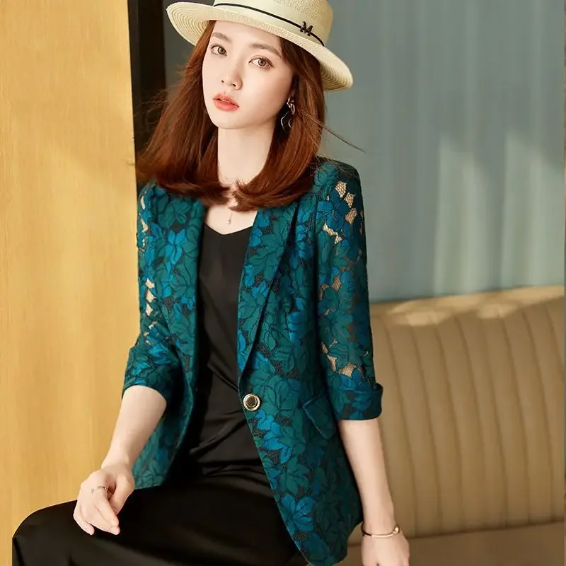 Zelená čipka Ženy Blazer 2024 Nové elegantné dutiny Out tenké slnečné ochrany Summer blazers Lady Office Sucks Coat Slim Tops