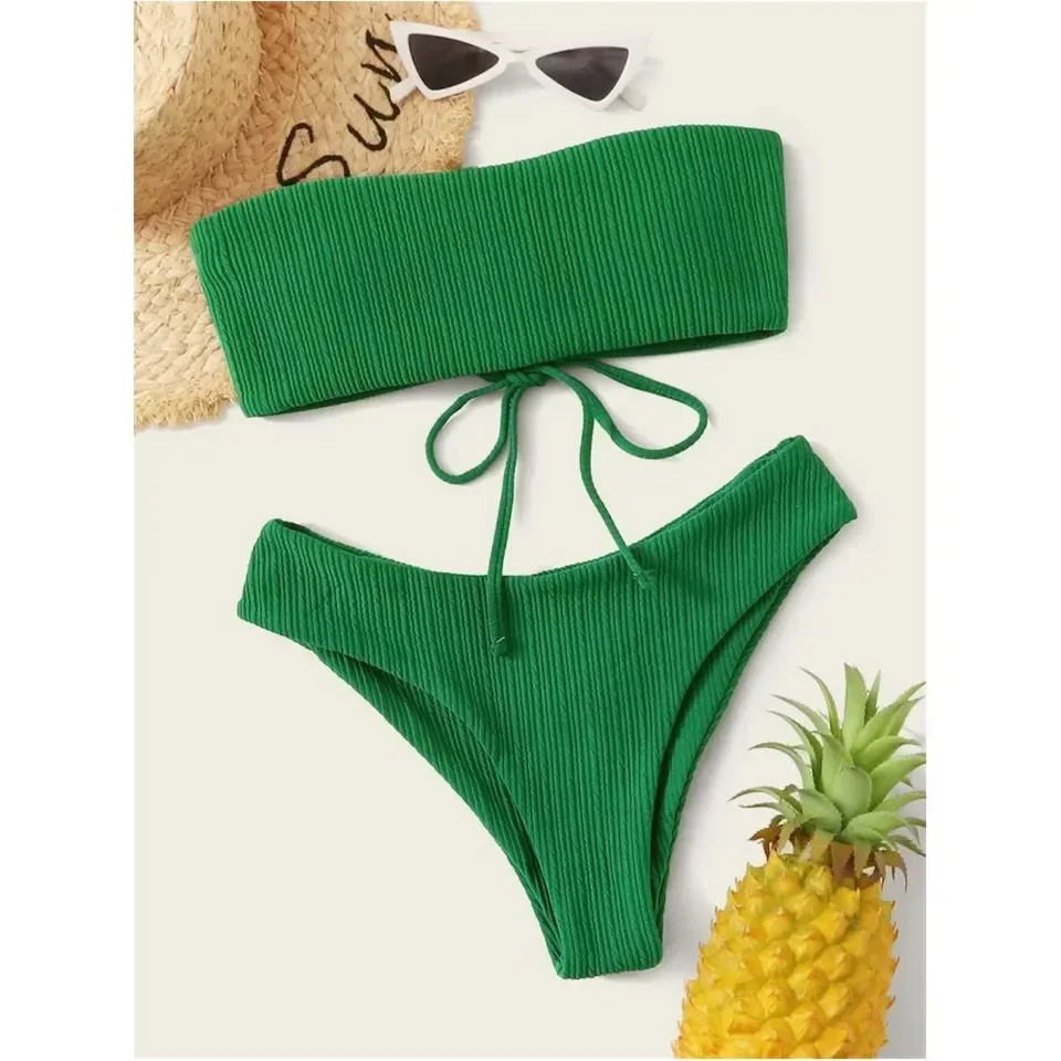 Zelené bikiny sťahovanie bandeau plaviek šnurované plavky dámske plážové oblečenie Y2K Trend Plauning Suit Bikinis Set Traje Bano Mujer