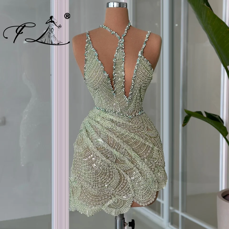 Zelené domáce šaty halebný kokteilový plášť Mini kokteily s flitrom korálkové krátke plesové šaty Vestidos de gala prispôsobené