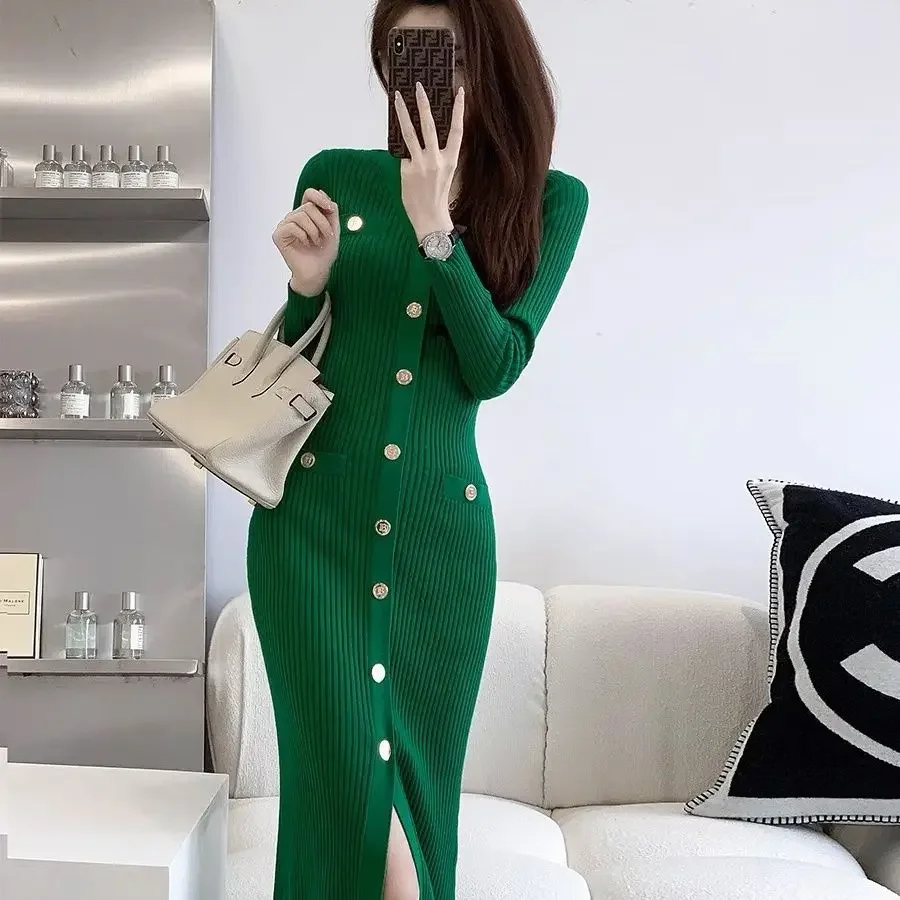 Zelené háčkované šaty pre ženy koleno dĺžka rozdelila zakrytie Žena pletené šaty sexy odvážne midi Bodycon celkom nové v trendu 2025