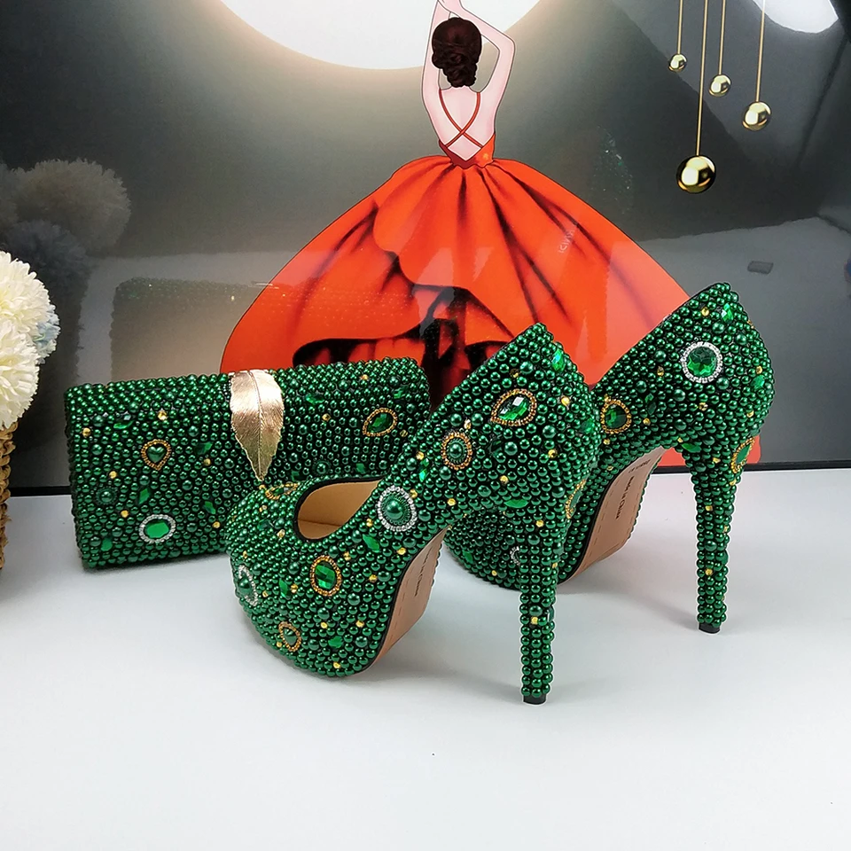 Zelené perly krištáľové svadobné svadobné topánky so zodpovedajúcimi taškami kamienok Round Round Tow High Heels Party Dues topánky Žena vysoké čerpadlá