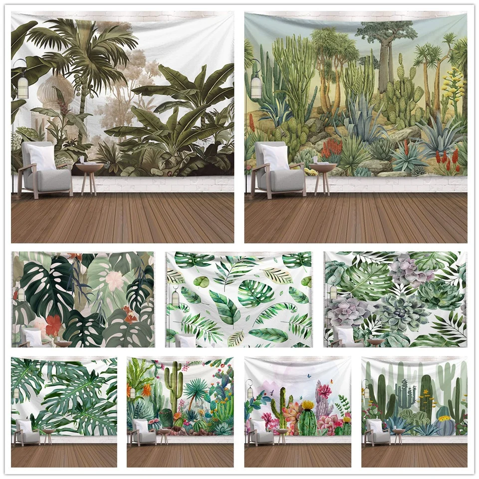 Zelené tropické listy kaktus tapisérie stena zavesenie prírody Palmový strom Banana Plant Plant Home Art pre izbu spálňa