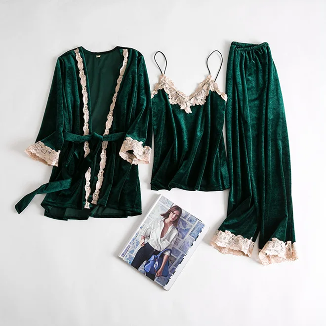 Zelené velor pyžamy obleky Lady 4pcs pijamas košeľa a nohavice spánok set jesenné teplé šaty šaty nočné oblečenie Velvet Sleewear Domáce oblečenie