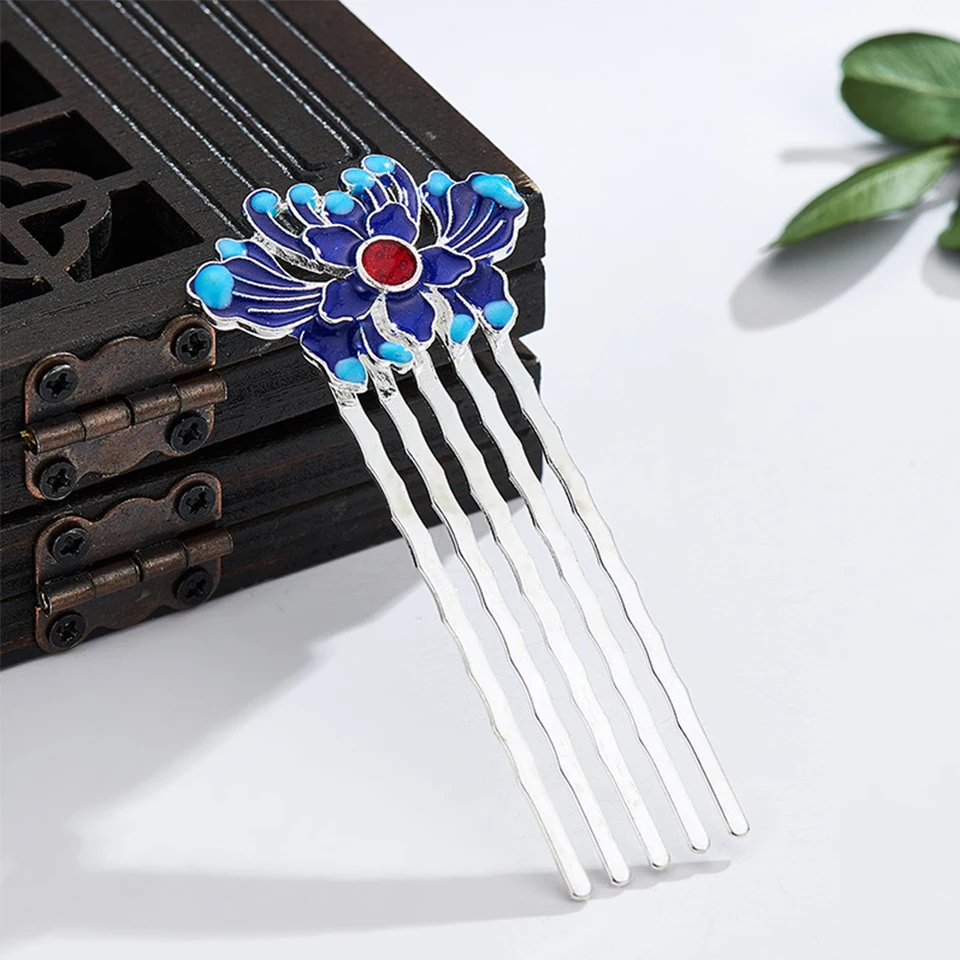 Zelený elegantný klasický štýl Blue Lotus Čínsky kladelný vlasový hrebeň vlasové doplnky Hanfu Hairpin Headar