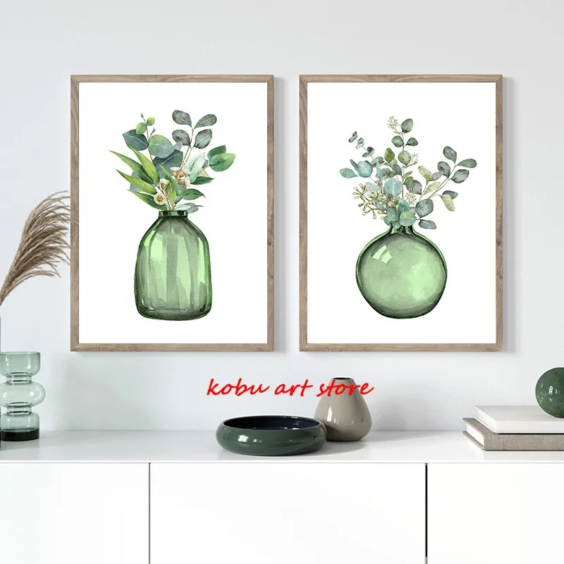Zelený eukalyptový listový váza plagáty a výtlačky Canvas Painting Floral Botanical Wall Art Obrázok pre obývaciu izbu Domovod