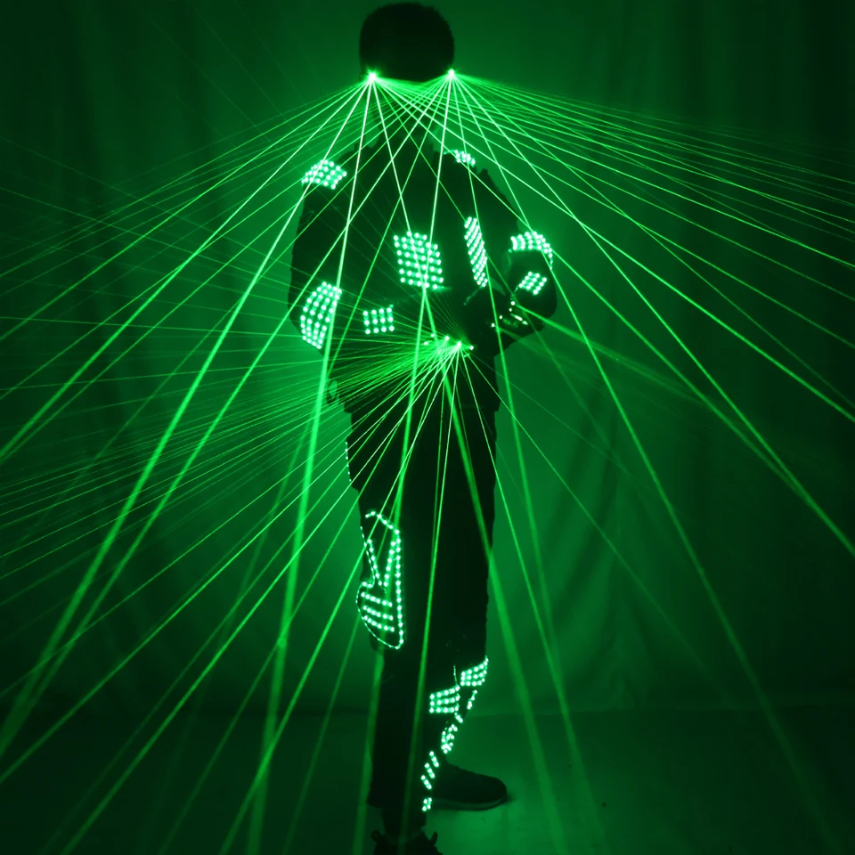 Zelený laserový oblek DJ kostýmy oblečenie LED svetlá Luminous pódium Dance predstavenie šaty pre nočný klub