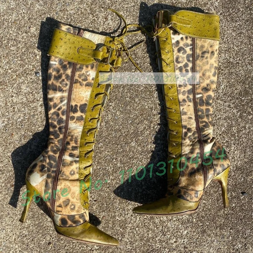 Zelený leopard zostrihva koleno vysoké topánky Sexy dámy krížový bod na špičke vysoké podpätky topánky Dám