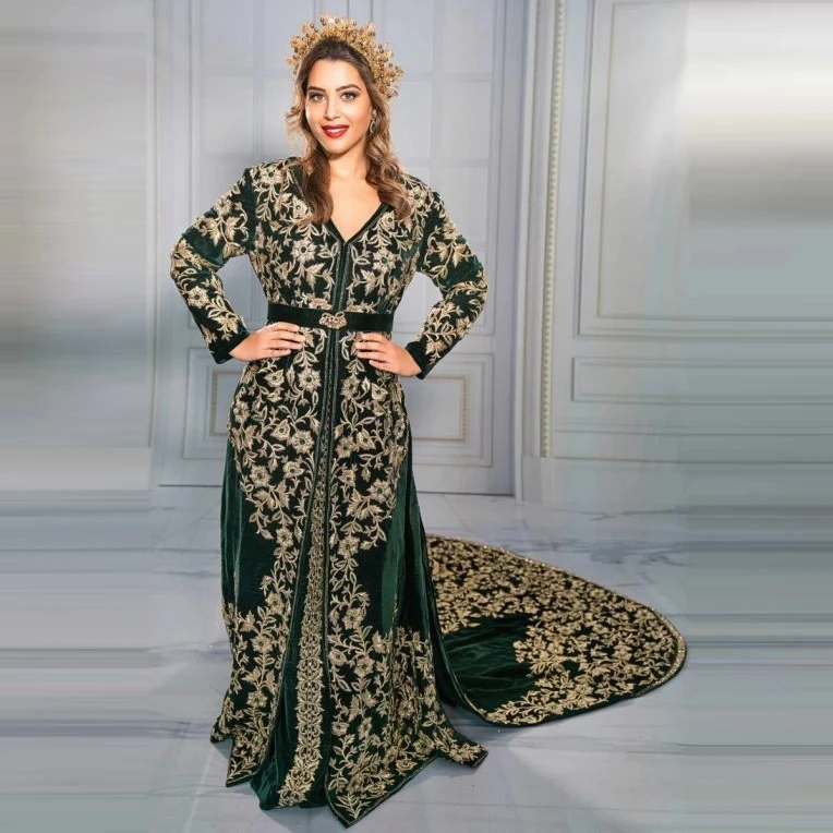 Zelený marocký kaftan kaftan moslimské večerné šaty A-line Dlhé rukávy Aplikácie Dubaj Arabské arabské abaya islamské šaty Prispôsobené