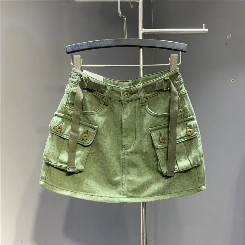 Zelený náklad dámska sukňa vrecka Dámska sukňa Low Rise Harajuku Jean Sukne Streetwear Kórejské móda grunge grunge y2k estetické korčuliarske oblečenie