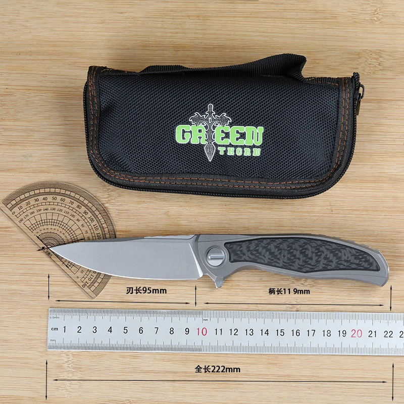 Zelený tŕň F95nl CD ložisko Skladací nôž, VG10 Blade Carbon Fiber + TC4 Titánová rukoväť, vonkajšia kempingová prenosná EDC