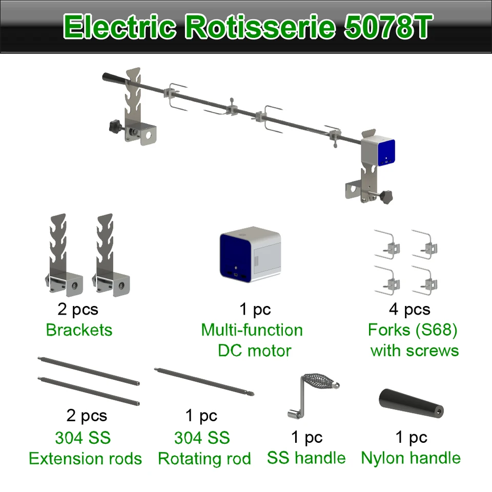 Zenobbq 5078t Rotisserie Kit Universal Rotuing Spit Turn for Pig Equipment Motor Free Dĺžka nastavenia kempingu Príslušenstvo