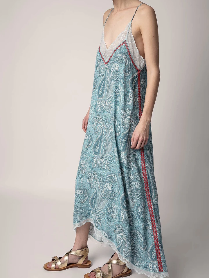 Zessam Blue Flower Grafic Women Dámske šaty letný krk na krk bez rukávov čipky Lady Slip dlhá sukňa Príležitostné klasické šaty femme 2023