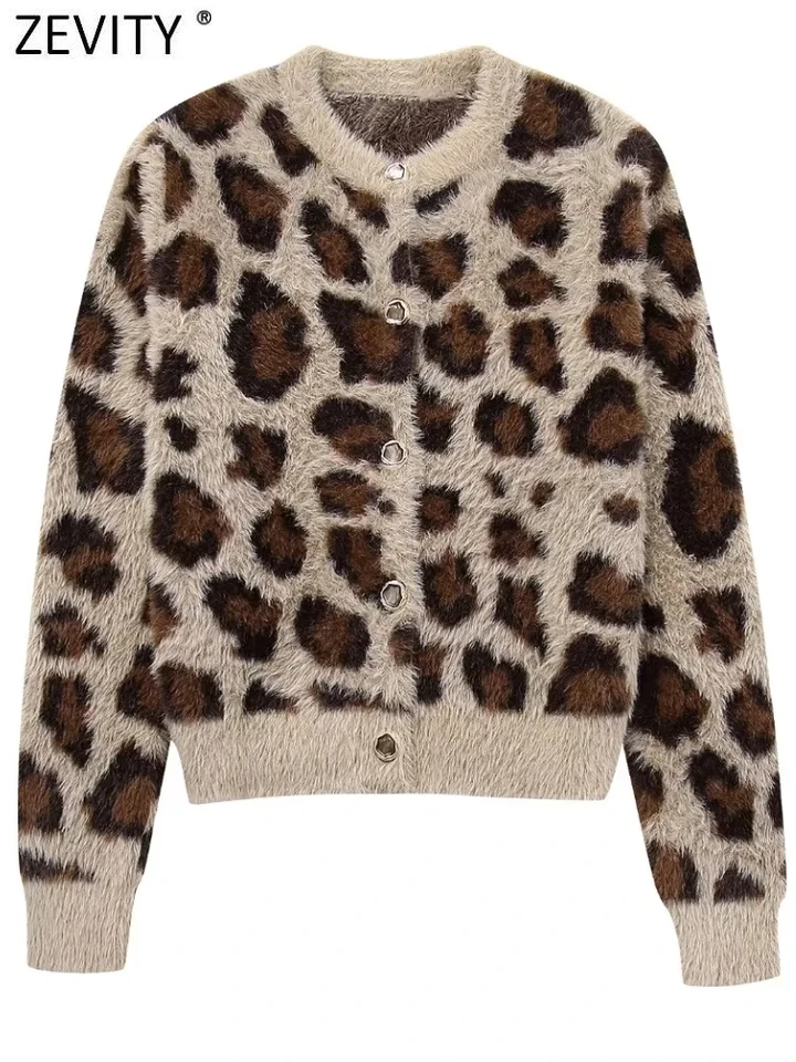 Zevity 2023 Ženy vintage leopardový vzor srsť efektívne pletenie sveter ženské elegantné gombíky Cardigan Coats Tops CT5834