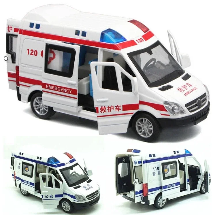 Zhenwei 1:32 Hospital Ambulance Police Diecast Metal Car Model so zvukovými hračkami so zvukom Light Hračky Boystoy Car