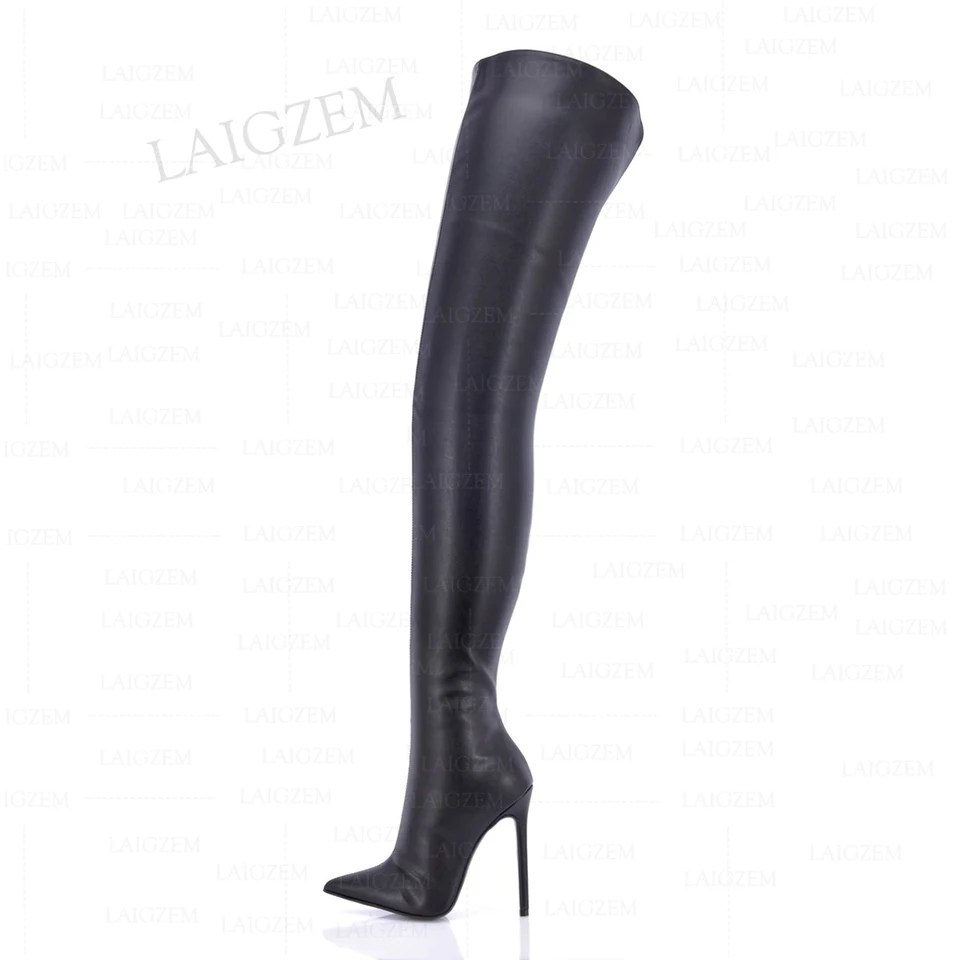 Zhima Women Crotch High Boots Side Zip faux kožené tenké vysoké podpätky topánky Stehná vysoko cez koleno topánky Žena veľká veľkosť 41 43 45 47