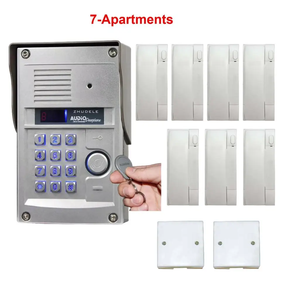 Zhudeled 2-vodičový nevizídový interkomový systém/audio dvere pre 7-apartment, IR outdoor Unit, ID karta a odomknutie hesla