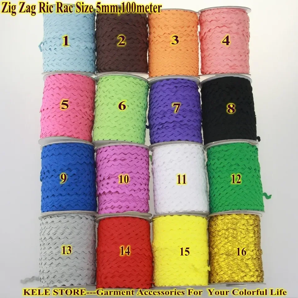 ZIG ZIG RIC RAC REBBON TAPE, šírka 5-6 mm, 100 m/rolka, pre doplnky pre domácich majstrov pre výzdobu, tuhé farebné šijacie predmety