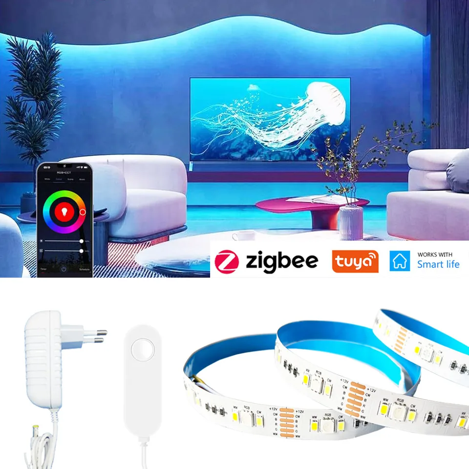 ZIGBEE 3.0 TUYA SMART RGB+CCT LED pásik 12v 1M 2M 3M 4M 5M 5050 RGBCW Flexibilná dojmateľná ľahká skupina SPEAT FR Alexa Google Assistant