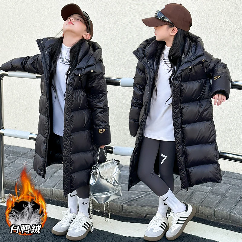 Zima hrubá biela kačica down bunda dievčatko Dlhý teplý Puffer Coat Teen Boys Nepložitý kapucň