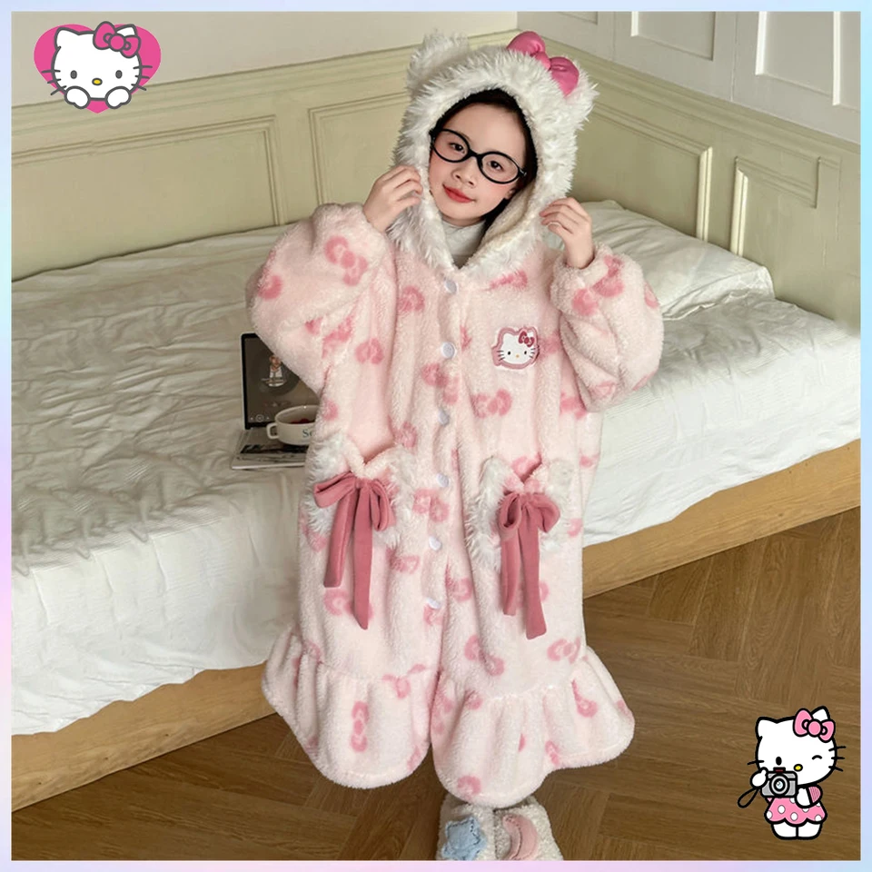 Zima Kawaii Hello Kitty Kids Plys pyžamy rúž anime karikatúra dospievajúca dievča y2k koralové fleece teplé kapucňa nočné košele domáce nosenie