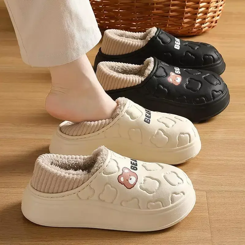 Zima roztomilý medvedí bavlnená papuče Ženy Vnútorné domáce plyšové plytké plytké sklz hustá spodná spodná záhrada nepremokavá trendy päty topánky