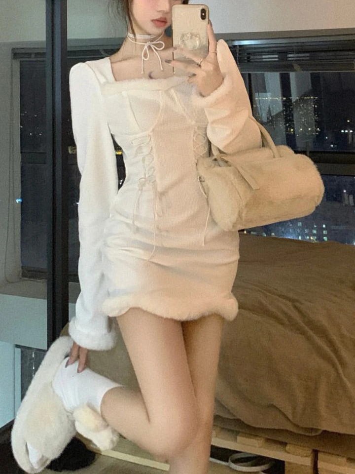 Zima sexy biele mini šaty Ženy Jeseň sladké obväzové dizajn Bodycon Dress Korean Case Cute Cute Vianoce večerné šaty