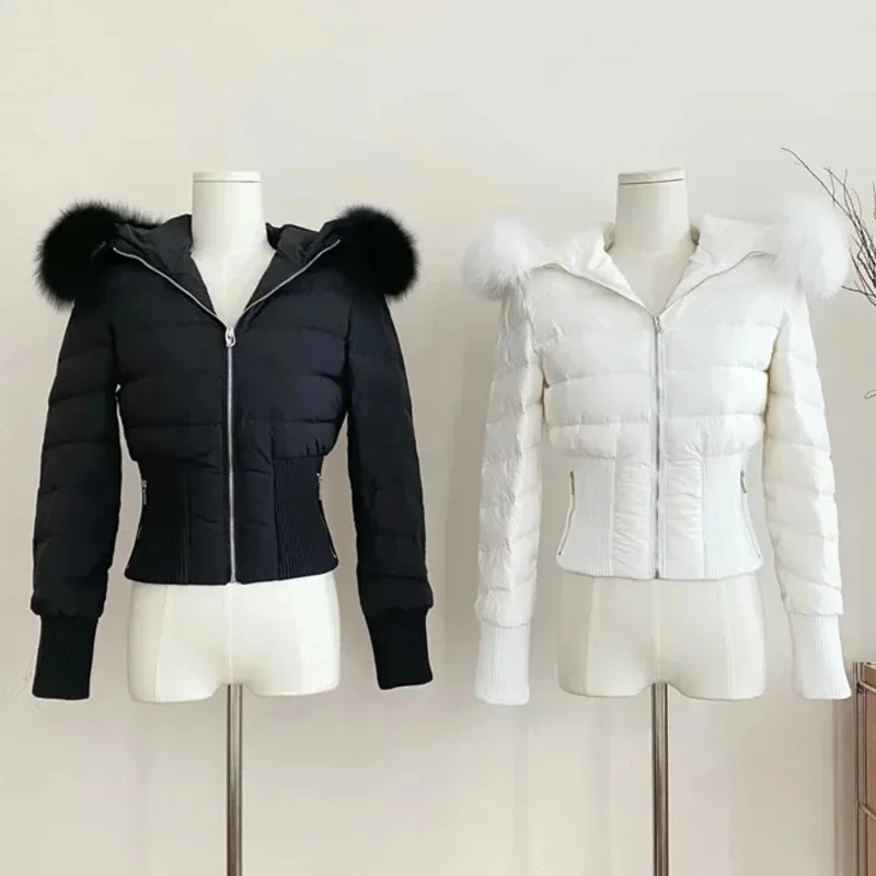 Zima skutočná líška kožušina biela husa dole parka Dámske dámske kapucne krátky kabát Warm Puffer bunda Žena vonkajšia y2k štíhla