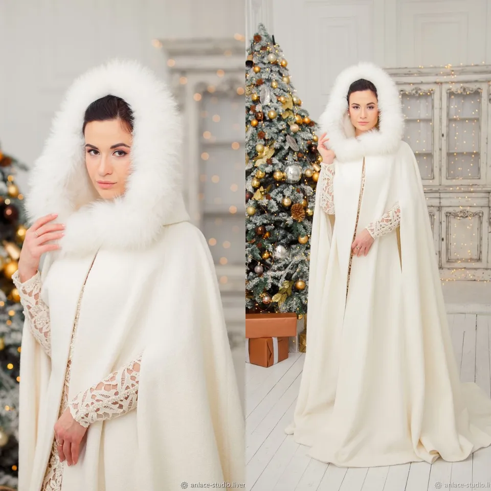 Zima teplá biela s kapucňou Svadobné čiapky s kožušinou vynikajúce svadobné plášť Dlhé nevesta Bolero Front Split Wedding Wrap bunda
