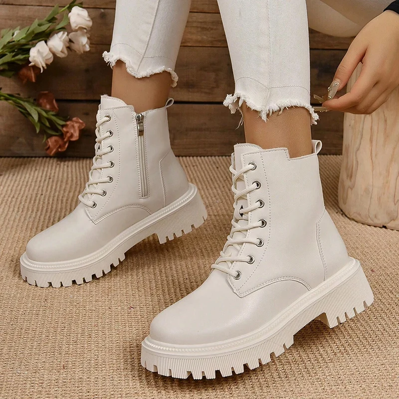 Zima teplá krátka plyšová členok topánky Ženy módne zipsové šnurovanie Platforma Combat Boots Woman Comfy Low podpätky pu kože