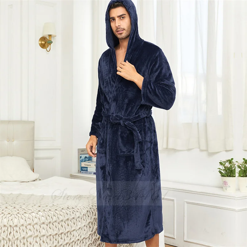 Zima zahustená flanelová pánska dlhá rúcho s kapucňou kimono župan župan teplý koralový fleece salónik spánok